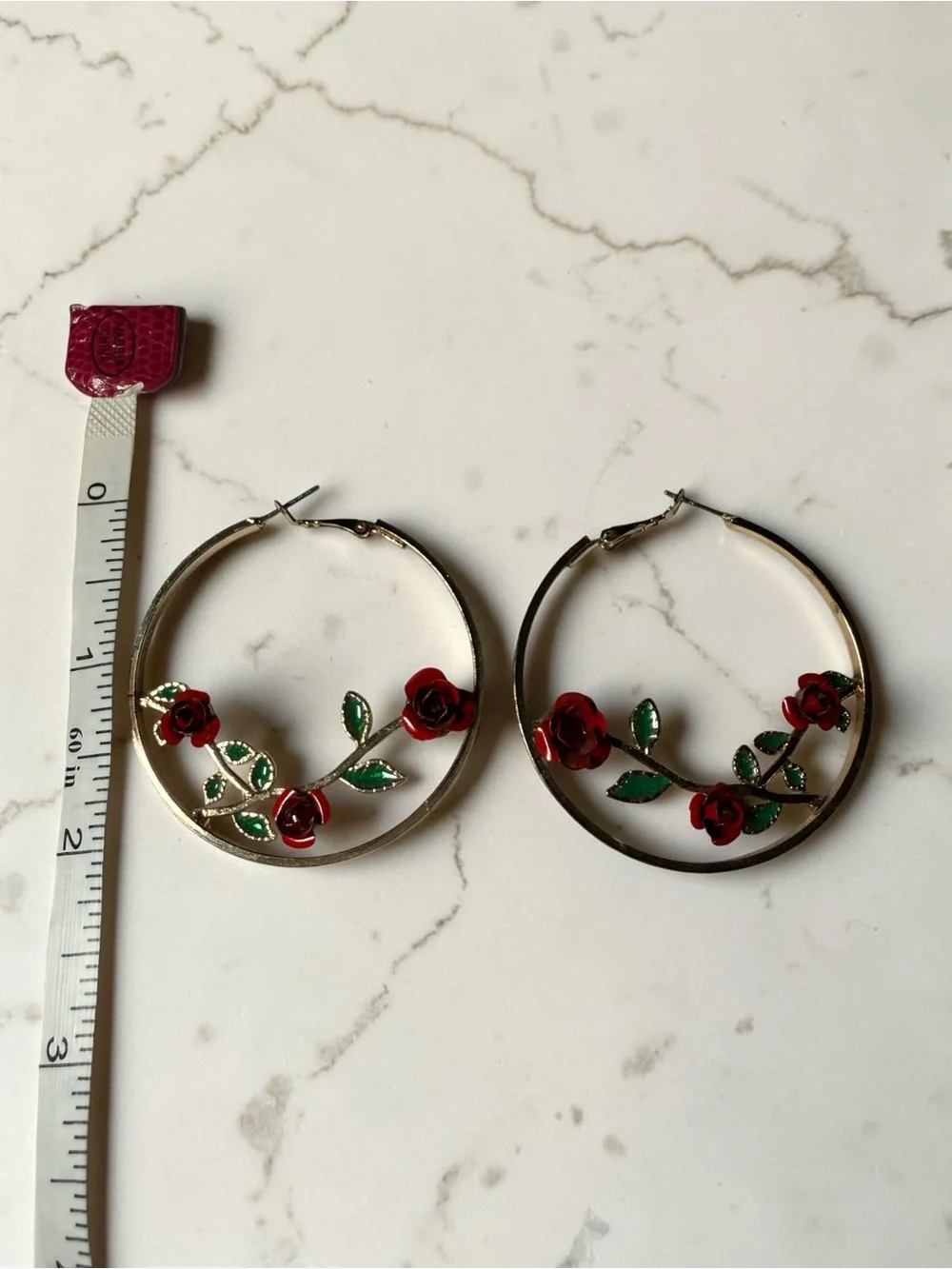 Gold Hoop Earrings Whimsical Cottagecore 3D Red Enamel Rose Vine